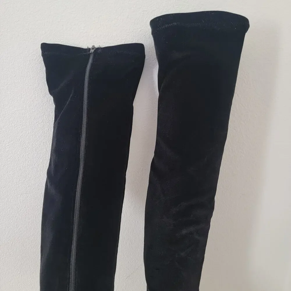 Over the‎ Knee Boot Zip Glittery Block Heel Velvet Sz 7 Whimsygoth Party Concert